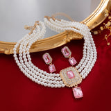 SHIXIN 2Pcs Luxury Multilayer Imitation Pearl Choker Necklace Earrings Bridal Green Rhinestone Neck Chain Wedding Jewelry Set