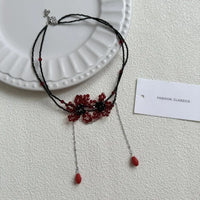 Luxurious Multi-Layer Red Beaded Flower Tassel Necklace Fashionable Choker High-End Clavicle Chain Jewelry Accessory