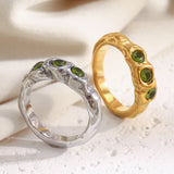 E.B.belle New Vintage Style Three Green Zircon Ring PVD Plated 316L Stainless Steel Simple Women Statement Finger Chic Jewelry