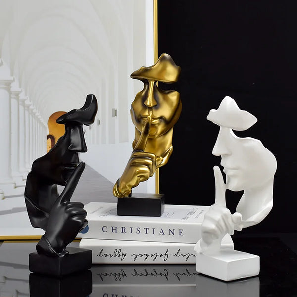Thinker Statue Sculpture Silence Is Gold Figurines Resin Retro Home Decor for Office Study Living Room Abstract Face Ornaments