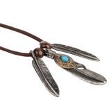 Vintage Alloy Tibetan Silver Turquoise Feathers Charms Necklace