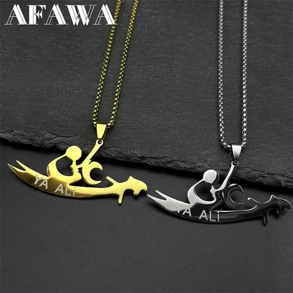 YA ALI Islamic Imam Ali Zulfiqar Sword Pendant Necklace for Women Men Stainless Steel Gold Color Quran Amulet Chain Jewelry