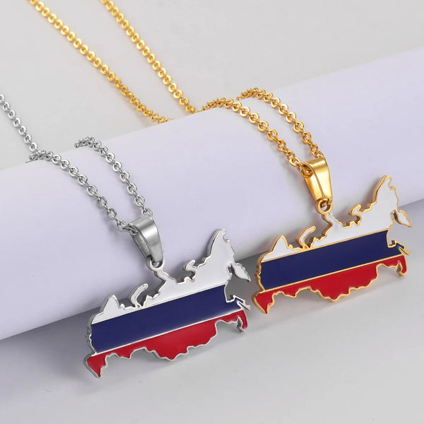 Anniyo Russia Map Flag Pendant Necklaces The Russian Federation Charm Jewelry Silver Color/Gold Color Chain Necklaces #300001