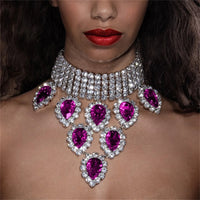 Luxury collar chain fashionable and exaggerated multi row bridal wedding sparkling rhinestone water droplet pendant neck chain