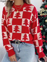 VigoCasey 2025 Autumn Winter Lady Christmas Knitted Sweater Women O Neck Plaid Print Pullover Lantern Long Sleeve Loose Jumper