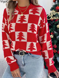 VigoCasey 2025 Autumn Winter Lady Christmas Knitted Sweater Women O Neck Plaid Print Pullover Lantern Long Sleeve Loose Jumper