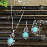 Vintage national imitation Turquoise women's earring necklace set antique silver plated alloy green earring necklace