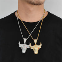 Fashion Animal Bull Head Pendant Necklace For Men Hiphop Iced Out Bling Micro Paved Red CZ Necklace Punk Rock Biker Jewelry