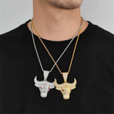 Fashion Animal Bull Head Pendant Necklace For Men Hiphop Iced Out Bling Micro Paved Red CZ Necklace Punk Rock Biker Jewelry