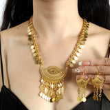 Afghan Fashion Golden Geometric Hollow Carving Rhinestone Coins Tassel Necklaces Earrings Women Kurdish Statement Jewelry Set