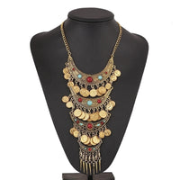 Boho Ethnic Retro Antique Gold color Alloy Carving Imitation Turquoise Coin Tassel Statement Necklace Women's Party Accessories