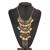 Boho Ethnic Retro Antique Gold color Alloy Carving Imitation Turquoise Coin Tassel Statement Necklace Women's Party Accessories