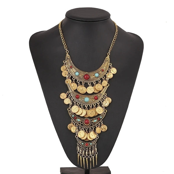 Boho Ethnic Retro Antique Gold color Alloy Carving Imitation Turquoise Coin Tassel Statement Necklace Women's Party Accessories