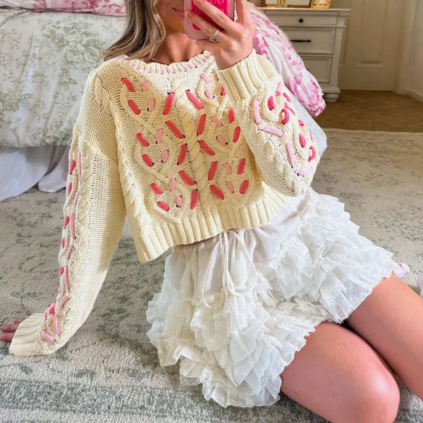 Combhasaki Women's Christmas Y2K Cute Kawaii Cropped Sweaters Round Neck Long Sleeve Contrast Color Loose Knitwear Pullover Tops