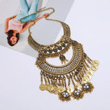Boho Gypsy Vintage Metal Coin Tassel Large Bib Necklace Collar Women Indian Ethnic Statement Necklace Jewelry