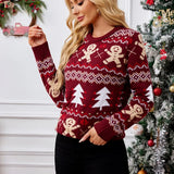 New Winter 2025 Christmas Women's Sweater Jacquard Print Full Sleeve O Neck Casual Soft Knitwear Merry Xmas Female Pullover Top
