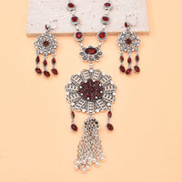 Gypsy India Ethnic Style Water Drop Pendant Geometric Crystal Necklace Earrings For Women Retro Silver Plated Bohemian Jewelry
