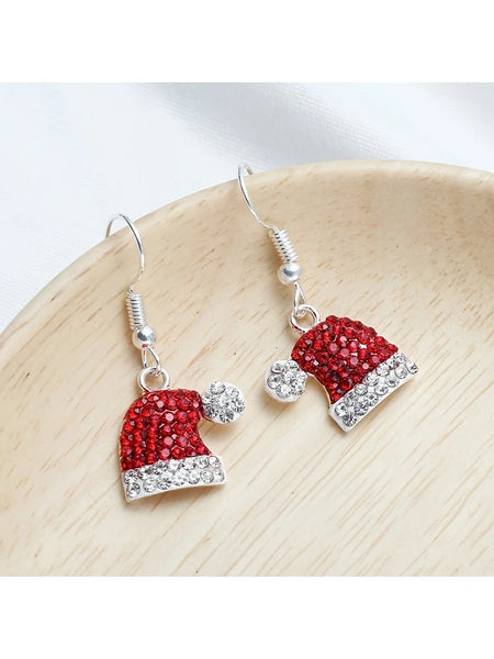 1 Pair Women's Cute Christmas Hat Earrings with Deer Christmas Hat Synthetic Zirconia Stud Earrings Christmas Ornament Gift