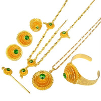 Anniyo Ethiopian Jewelry set Gold Color Green Stone With Hair Piece Hair Pin Women Fashion Eritrea Habesha African #002117