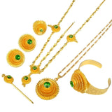 Anniyo Ethiopian Jewelry set Gold Color Green Stone With Hair Piece Hair Pin Women Fashion Eritrea Habesha African #002117