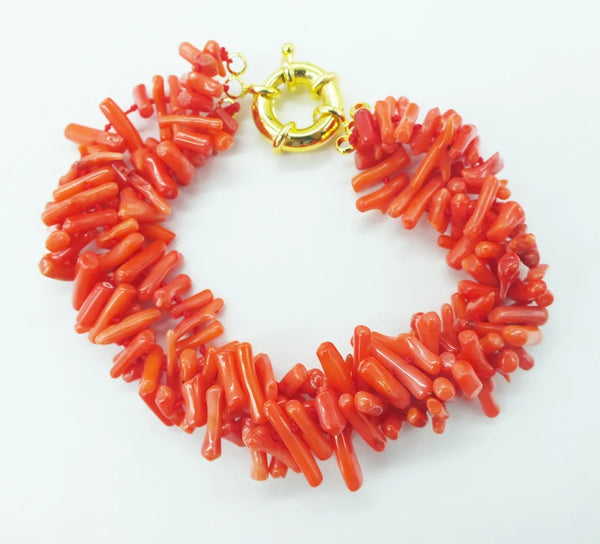 Coral Bracelet  !  Classic 3 strands of natural irregular orange coral bracelet  9.5"