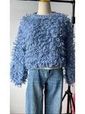 Fringe Crochet Jumper Rainbow Color Handmade Sweater Crew Neck Thick Needles Knit Pullover Knitwear Autumn/Winter Women Clothing