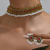 Ethnic Style Vintage Choker Necklace Earrings Set For Women Simulated Pearl Beads Jewelry Sets Resin Stone Crystal Jewelry Set