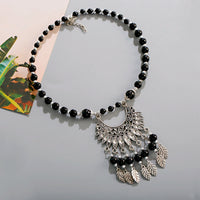 Bohemia Vintage Ethnic Leaf Red Stone Tassel Necklace For Women Gypsy Sliver Color Long Chain Necklace For Girls Tibetan Jewelry
