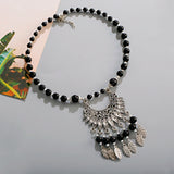 Bohemia Vintage Ethnic Leaf Red Stone Tassel Necklace For Women Gypsy Sliver Color Long Chain Necklace For Girls Tibetan Jewelry