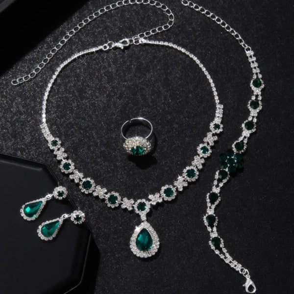 Retro and Trendy Zircon Droplet Shaped Pendant Necklace Bracelet, Ring Earrings, Women's Classic Jewelry Set Party Accessories