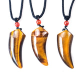 Natural Tiger Eye Stone Wolf Tooth Spike Pendant Necklaces for Women Men Adjustable Ox Horn Shape Couple Choker Medition Jewelry