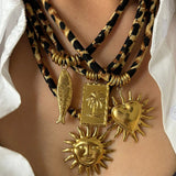 Stainless Steel Leopard Polyester Flower Heart Sun Drop Collar Necklace Personality Popular Gold Color Necklaces Jewelry Gift