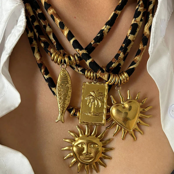 Stainless Steel Leopard Polyester Flower Heart Sun Drop Collar Necklace Personality Popular Gold Color Necklaces Jewelry Gift