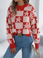 VigoCasey 2025 Autumn Winter Christmas Knitted Sweater Women Casual Plaid Print Pullover Lady Lantern Long Sleeve Loose Jumper
