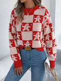 VigoCasey 2025 Autumn Winter Christmas Knitted Sweater Women Casual Plaid Print Pullover Lady Lantern Long Sleeve Loose Jumper