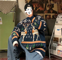 Christmas Reindeer Pullover Sweater Long Sleeve Red Loose Lazy Knitwear Horean Casual O Neck Hiphop Bf Couple Harajuku Y2K Top
