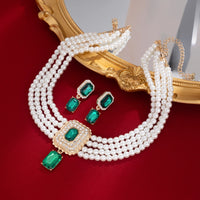 SHIXIN 2Pcs Luxury Multilayer Imitation Pearl Choker Necklace Earrings Bridal Green Rhinestone Neck Chain Wedding Jewelry Set