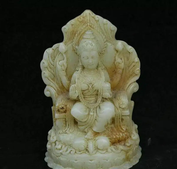 5.8" Old China Han White Jade Carving Buddhism 4 Arms Lord Shiva Goddess Statue