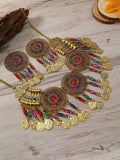 KMVEXO Gypsy Bohemia Chic Vintage Metal Coin Crystal Tassel Jewelry Sets Women Hippie Turkish Ethnic Tribal Necklace Earring Set