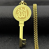 Islamic Arab Allah God Key Shaped Pendant Necklace for Men Women Stainless Steel Gold Color Muslim Chain Amulet Jewelry