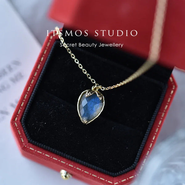 ITSMOS Strawberry Labradorite 14k Gold Plated Pendant Necklace Faceted Gemstone Aquamarine Energy Pendant Jewelry Gift for Women