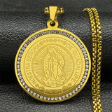 Catholic Saint Benedict Pendant Necklace for Women Men Stainless Steel Gold Color Rhinestone Religion Male Chain Jewelry
