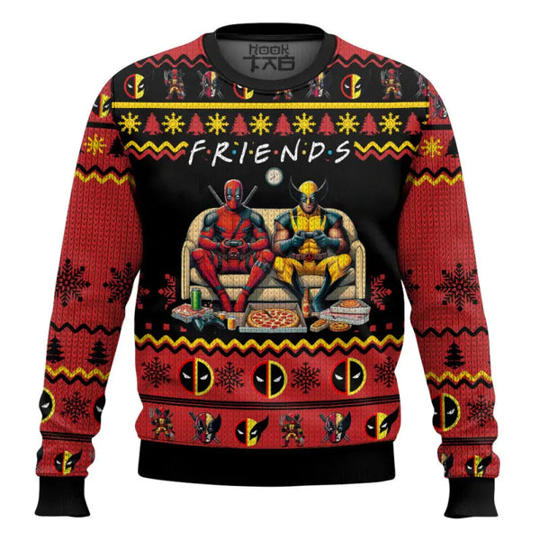 Marvel Deadpool Wolverine Christmas Ugly Sweater Red Black Friends Sofa Scene Heart Hero Friends Atmosphere Holiday Party