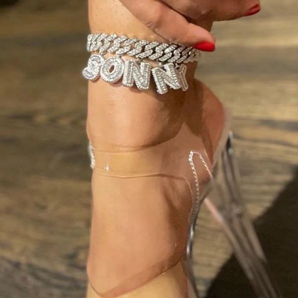 Customized Baguette 26 Initials Name Anklet Bracelet For Women Bling A-Z Letter Cuban Ankle Chain Beach Sandals Holiday Jewelry