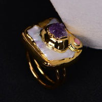 GG Freshwater Cultured White Square Pearl Purple Amethyst Druzy Ring Adjustable