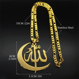 Muslim Allah Crescent Moon Symbol Necklace for Women Men Stainless Steel Silver Color Arabic Islamic Chain Jewelry collarNZZZ769