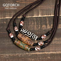 Natural Tibetan Onyx 3 Eyes Dzi Pendant Necklace Adjustable Rope Chain Choker Necklace For Women And Men Buddhism Jewelry