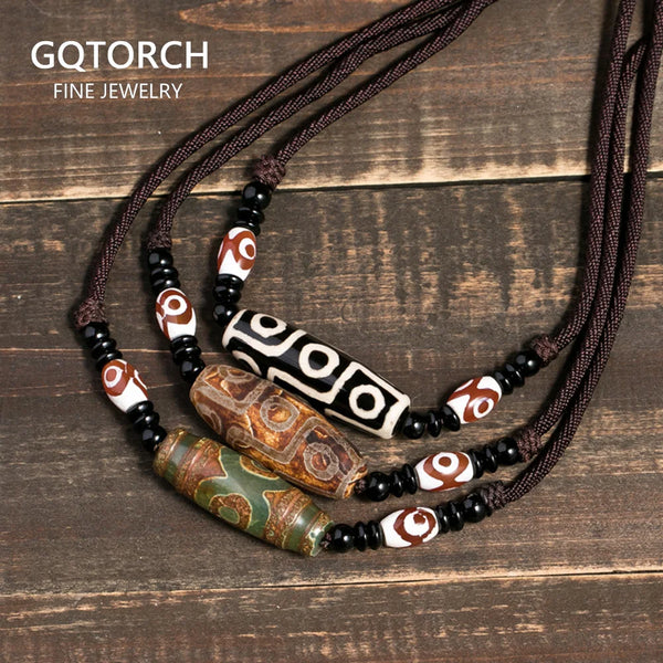 Natural Tibetan Onyx 3 Eyes Dzi Pendant Necklace Adjustable Rope Chain Choker Necklace For Women And Men Buddhism Jewelry