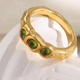 E.B.belle New Vintage Style Three Green Zircon Ring PVD Plated 316L Stainless Steel Simple Women Statement Finger Chic Jewelry
