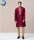 Indian Clothing Embroidery Ethnic Wedding Men's Clothing Red Suit Include Pants Spring Kurta Vintage